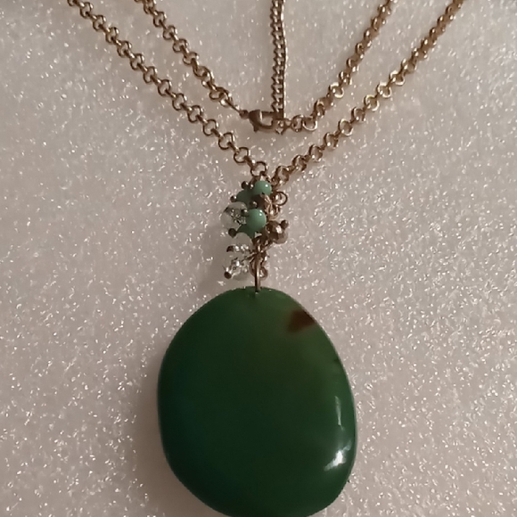 Genuine Jade Stone Pendant Necklace Elegant & Simple Gold Circle Link 28+2 In. - Picture 1 of 6